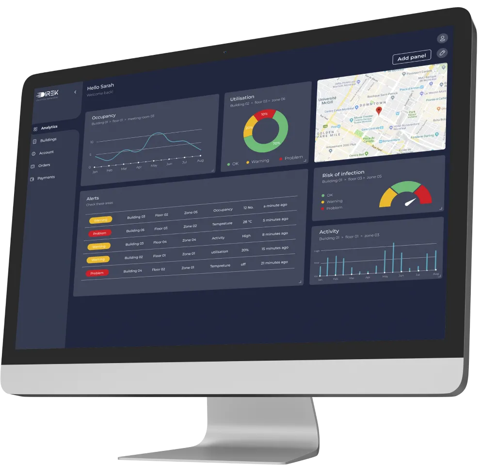 AI analytics dashboard for Smart Space Optimisation with occupancy sensors, live data, and support tools.